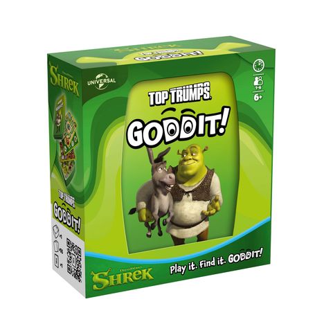 "Top Trumps GODDIT! Play it. Find it. GODDIT!" Shrek und der Esel nebeneinander auf grünem Hintergrund.