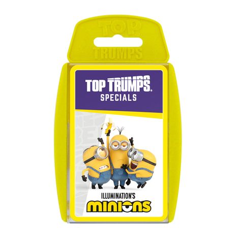 "TOP TRUMPS SPECIALS" oben, darunter "ILLUMINATION'S MINIONS". Drei gelbe Figuren in Jeans stehen gemeinsam. Verpackung ist gelb.
