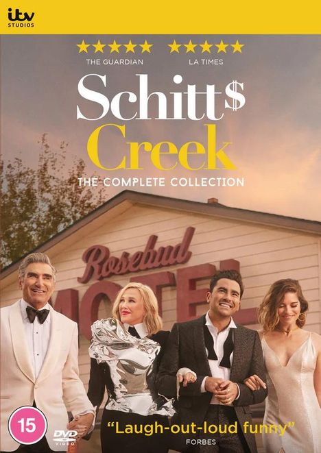 "Schitt$ Creek: The Complete Collection", 5 Sterne Bewertungen, Zitat von Forbes, vier elegant gekleidete Personen vor dem Rosebud Motel.