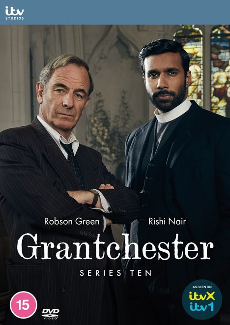 Text: "Robson Green, Rishi Nair, Grantchester, Series Ten." Zwei Männer in Anzügen, einer als Priester, vor Kirchenfenster.