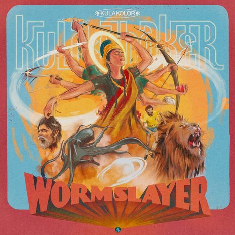 "WORMSLAYER", im Stil einer Vintage-Illustration, zeigt eine mehrarmige Figur mit Waffen und Helden umgeben von Löwe und Tentakeln.