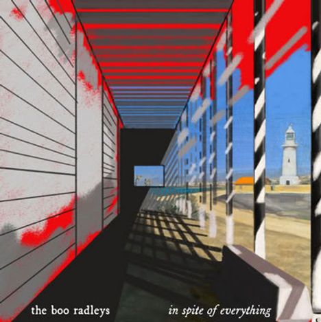 Texte: "the boo radleys", "in spite of everything". Eine Illustration mit roten und blauen Farbakzenten, zeigt einen Leuchtturm.