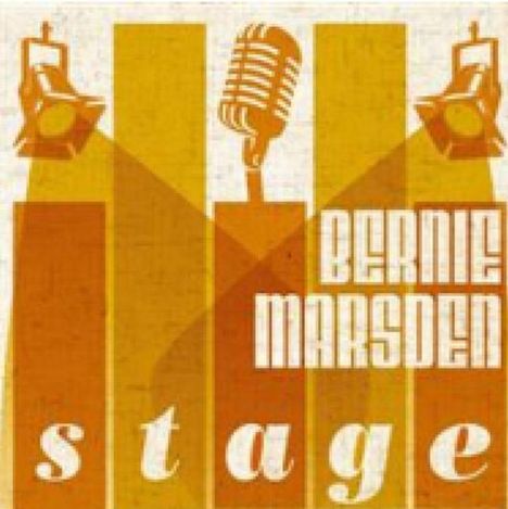 „BERNIE MARSDEN“ und „stage“ in stilisierter Schrift. Grafik mit Mikrofon und Scheinwerfern als Designelemente.