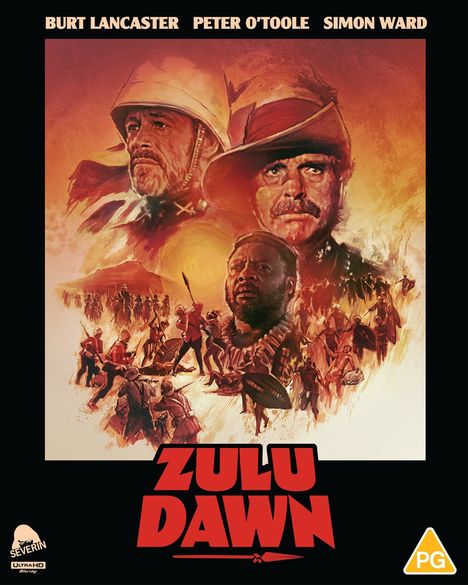 Titel: Zulu Dawn. Namen oben: Burt Lancaster, Peter O'Toole, Simon Ward. Illustration: Soldaten, Kriegsszene. PG Symbol.