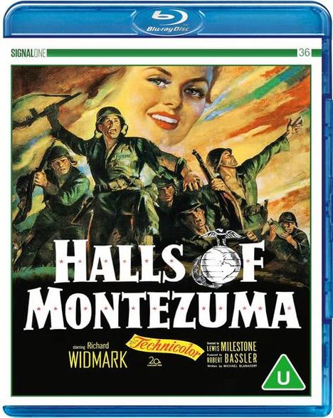 Text: "Halls of Montezuma", "Widmark", "Technicolor". Illustration von Soldaten im Kampf und ein großes Gesicht einer Frau im Hintergrund.