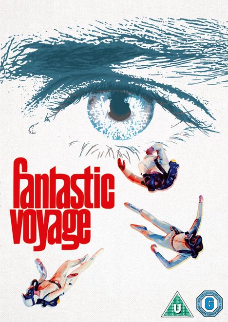 Text: "fantastic voyage". Illustration: Ein großes blaues Auge oben und darunter drei schwebende taucherartige Figuren.