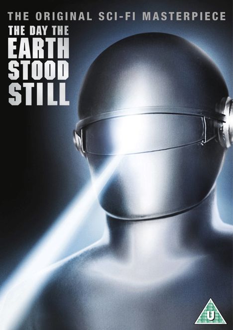 „THE DAY THE EARTH STOOD STILL“ steht auf einem Poster mit metallischem Helm und weißem Lichtstrahl.