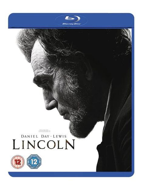 Text: "Daniel Day-Lewis, Lincoln." Profilansicht eines Mannes mit Bart, nachdenklich, mit blauer Blu-ray Disc-Hülle.