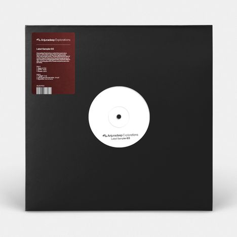 Text oben links: "Anjunadeep Explorations". Unten: "Label Sampler 03". Schwarze Schallplattenhülle mit weißer Vinylplatte.