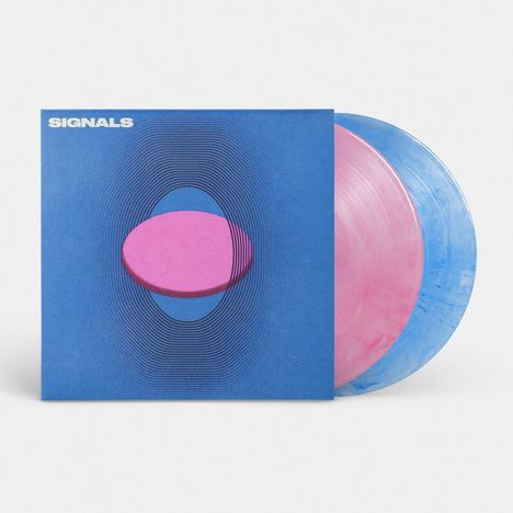 "Signals" in Großbuchstaben auf blauem Hintergrund. Eine pinke, ovale Form in der Mitte mit konzentrischen Linien.