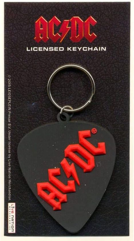 AC/DC Licensed Keychain. Gitarrenplektrum mit rotem AC/DC-Logo, silberner Schlüsselring oben.