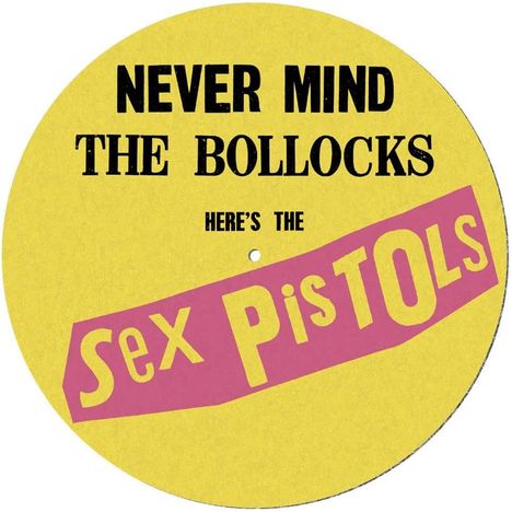 Text: "NEVER MIND THE BOLLOCKS HERE'S THE Sex Pistols." Gelber Hintergrund, pinke und schwarze Schrift.