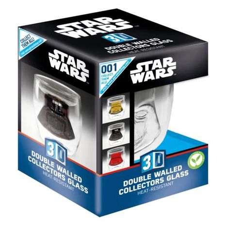 "Star Wars 3D Double Walled Collectors Glass, heat-resistant." Verpackung in Schwarz und Blau mit 3D-Glas abgebildet.
