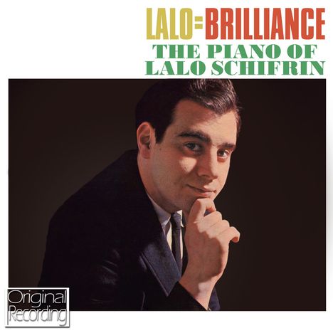 "LALO=BRILLIANCE, THE PIANO OF LALO SCHIFRIN" in großen Lettern, ein Mann in Anzug mit nachdenklicher Geste.