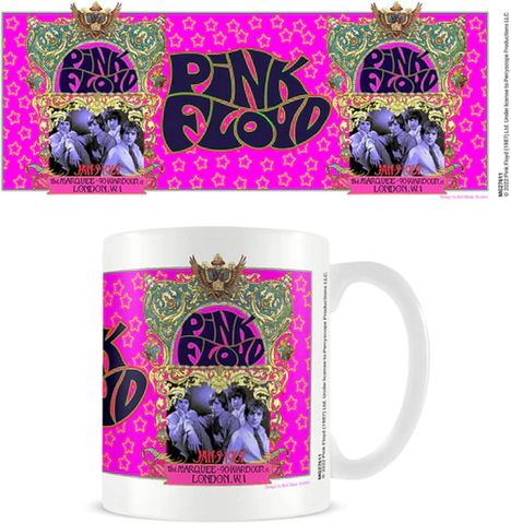 "Pink Floyd", "The Marquee", "Wardour St", "London W.1", Fotos und psychedelische Muster auf einem Becher.
