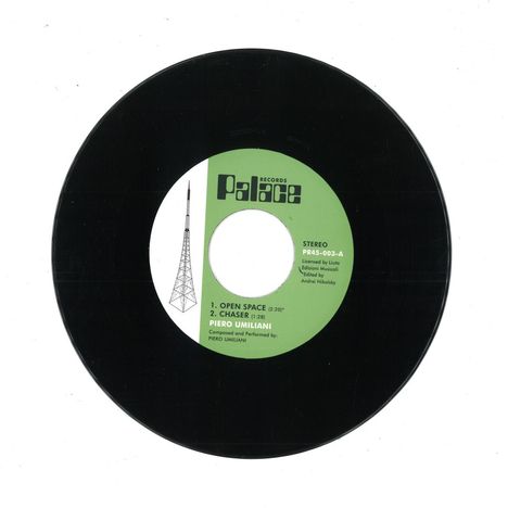 Schallplatte mit grünem Label: "Palace Records". Titel: "Open Space", "Chaser" von Piero Umiliani. Enthält ein Turm-Symbol.
