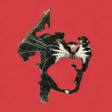 Eine schwarze, abstrakte Form mit Katzenmerkmalen auf rotem Hintergrund.