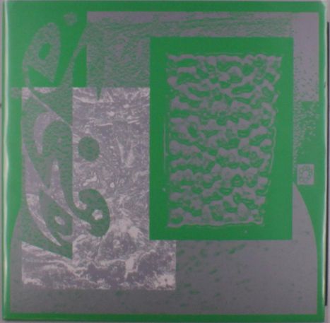 Grüne und graue geometrische Formen, darunter ein Muster und stilisierte Schnörkel.