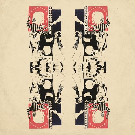 Illustration mit symmetrischen Figuren: Musiker mit Trommeln und Blasinstrumenten in Schwarz, Rot und Weiß.