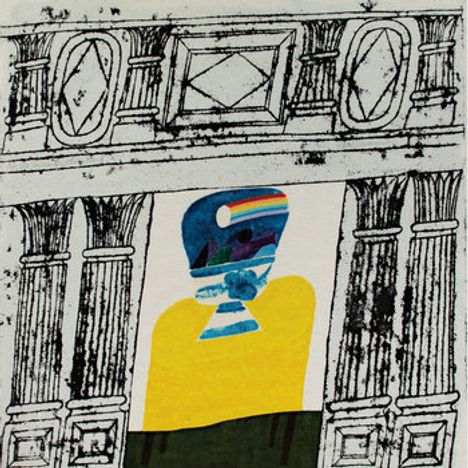 Es gibt keinen erkennbaren Text. Illustration: Antikes Säulengebäude, bunt-abstrakte Figur in gelbem Rahmen in der Mitte.