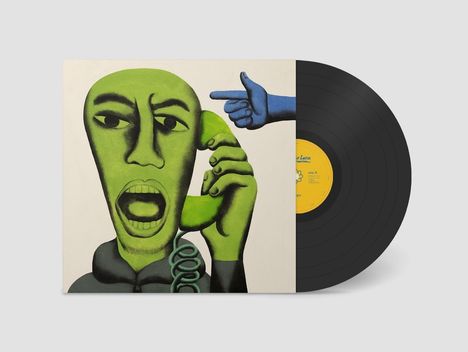 Gelbes Label auf Schallplatte. Illustration: Grüner Kopf mit Telefon, blaue Hand zeigt Pistolen-Geste.