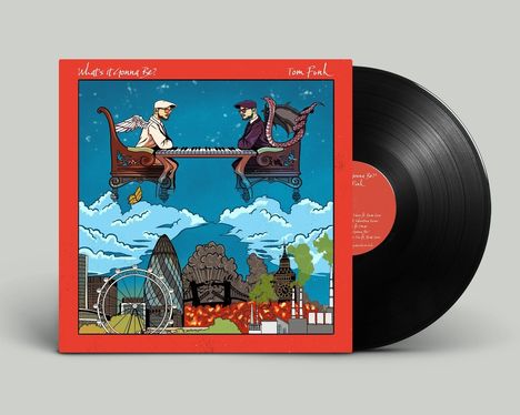 Text: "What's it Gonna Be?" und "Tom Funk". Illustration: Zwei Figuren auf einem schwebenden Klavier, London im Hintergrund.