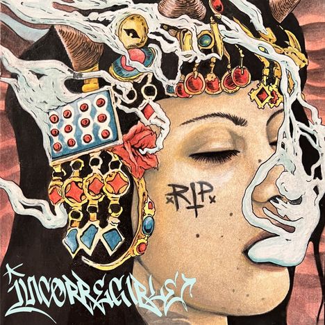 Text: "RIP", "INCOERCIBLE" in stilisierter Schrift. 

Illustration: Frau mit geschlossenen Augen, Kopfschmuck, Rauch.