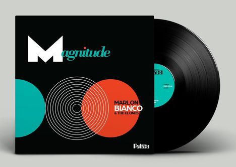 "Magnitude", "Marlon Bianco & The Clones", drei bunte Kreise, schwarzer Hintergrund, Schallplatte rechts.