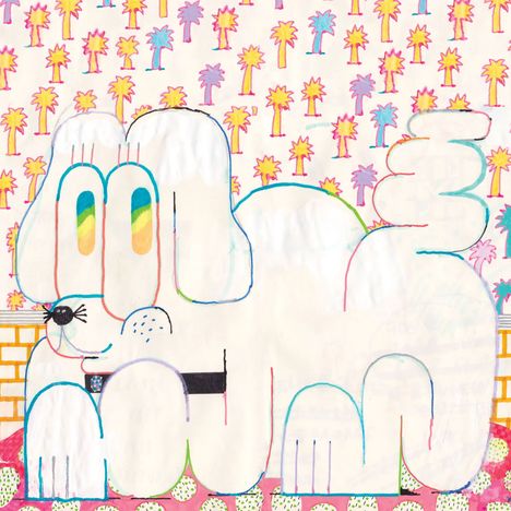 Illustration: Ein cartoonartiger, bunter Pudel vor einer hellen Kulisse mit pink-gelben Palmen.