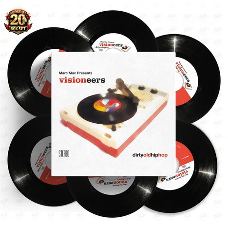 "Marc Mac Presents visioneers. dirtyoldhiphop. STEREO." Cover zeigt abstrakten Plattenspieler und Schallplatten.