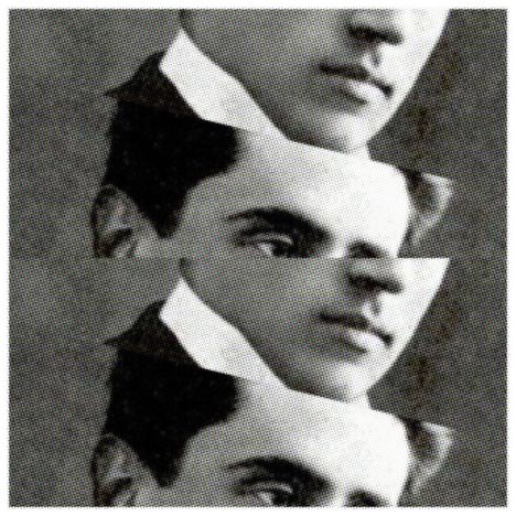 Es handelt sich um eine surreale Collage mit mehreren Teilen eines Gesichts übereinander in schwarz-weißem Raster.