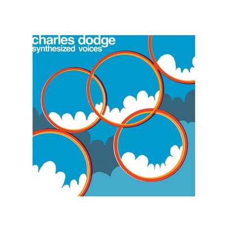 Text: "charles dodge, synthesized voices." Illustration: Blaue und weiße Formen mit überlappenden, roten Kreisen.
