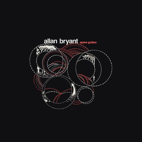 Text: "allan bryant space guitars." Illustration mit verschlungenen Kreisen und Tiermotiven auf schwarzem Hintergrund.