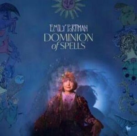 Text: "Emily Portman, Dominion of Spells". Frau in mystischer Pose, umgeben von blauen Zeichnungen und Symbolen.