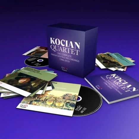 "KOCIAN QUARTET: THE COMPLETE PRAGA DIGITALS RECORDINGS (1964-2011)." CD-Box-Set und CDs liegen verstreut darauf.