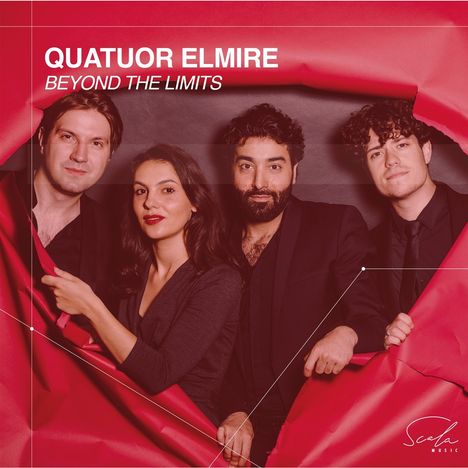 "QUATUOR ELMIRE, BEYOND THE LIMITS" in weißem Text. Vier Personen in dunkler Kleidung schauen durch gerissenes rotes Papier.