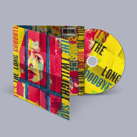 Texte: "THE LONG GOODBYE," "THE MIDNIGHT KID." Illustration: Bunte, abstrakte Porträtkunst mit rotem, gelbem und blauem Design.