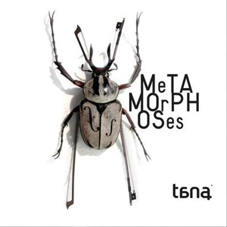 Text "MetaMorphOses" und "bna". Ein Käfer mit violetten Flügeln und einem auffälligen Design, das an Musik erinnert.