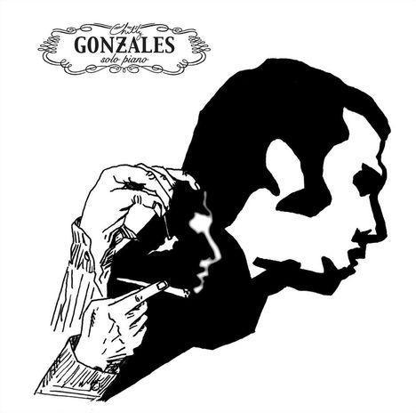 "GONZALES solo piano" oben. Illustration: Profil eines rauchenden Mannes mit Schattenseitenprofil.