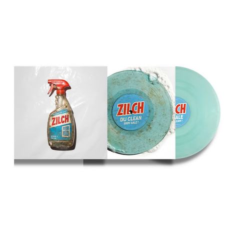 Text "ZILCH" auf einer Sprühflasche. Zwei Schallplatten, eine schmutzig, eine helltürkis. Logo-Stil, Reinigungsthema.