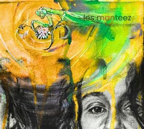 Text: "les manteez heliotropes". Eine farbige, abstrakte Illustration mit einer Gottesanbeterin und einem Gesicht.