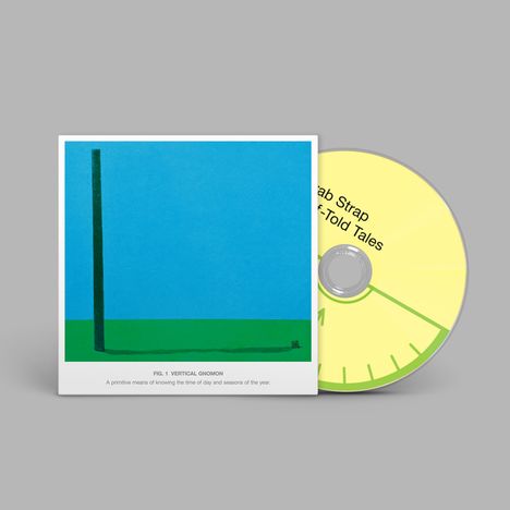 Text: "FIG. 1 VERTICAL GNOMON. A primitive means of knowing the time of day and seasons of the year."
Illustration: Ein grüner Pfosten auf blauem Hintergrund. Beiliegend eine gelbe CD mit Text.