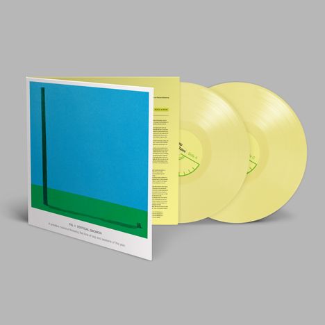 FIG. 1 VERTICAL GNOMON. Gelbe Vinylplatten und ein Albumcover zeigen einen blauen Himmel und grüne Landschaft.