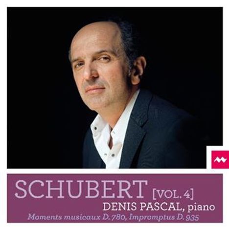 SCHUBERT [Vol. 4], DENIS PASCAL, piano. Moments musicaux D. 780, Impromptus D. 935. Mann im Anzug vor dunklem Hintergrund.