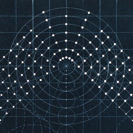 Eine Illustration mit weißen Punkten und Kreisen auf einem Raster, erzeugt ein symmetrisches geometrisches Muster.