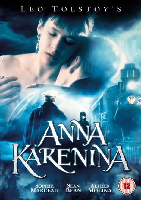 Texte: Leo Tolstoy's Anna Karenina. Sophie Marceau, Sean Bean, Alfred Molina. Bild: Frau, Mann, Zug, Winterlandschaft.