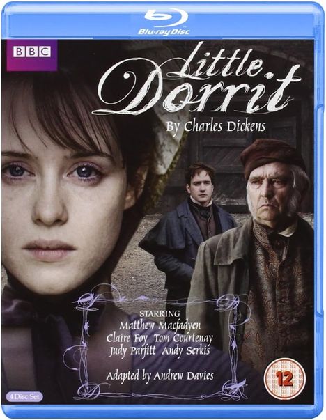 "Little Dorrit" von Charles Dickens. Gesichter von zwei Männern und einer Frau im viktorianischen Stil. BBC-Logo oben.