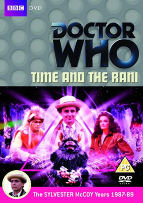 "DOCTOR WHO TIME AND THE RANI", BBC DVD-Logo. Illustration von Charakteren mit bunten Lichteffekten, zentraler Mann im Hut.
