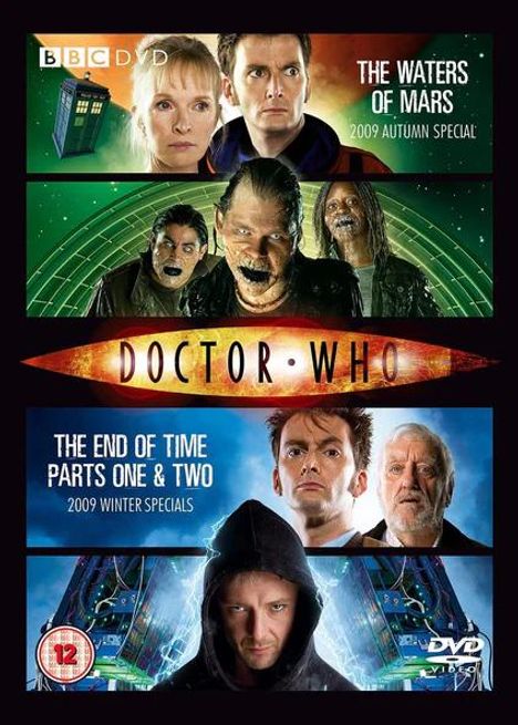 "The Waters of Mars" und "The End of Time Parts One & Two" sind Specials von 2009. Doctor Who-Illustration mit Charakteren.