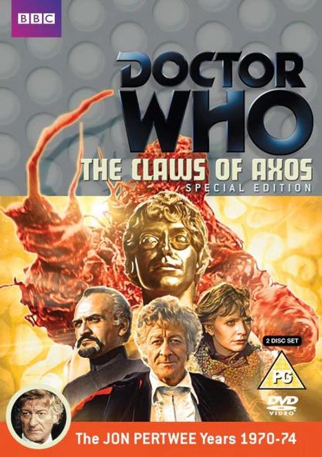 "Doctor Who: The Claws of Axos, Special Edition. PG. Zwei Personen und eine goldene Statue. BBC-Logo oben links."